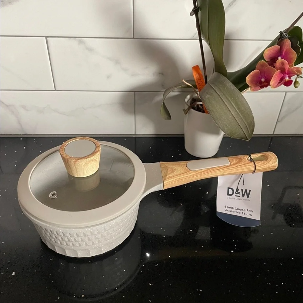 Light Gray Ceramic Nonstick Cookware Set with Wood-Effect Handles